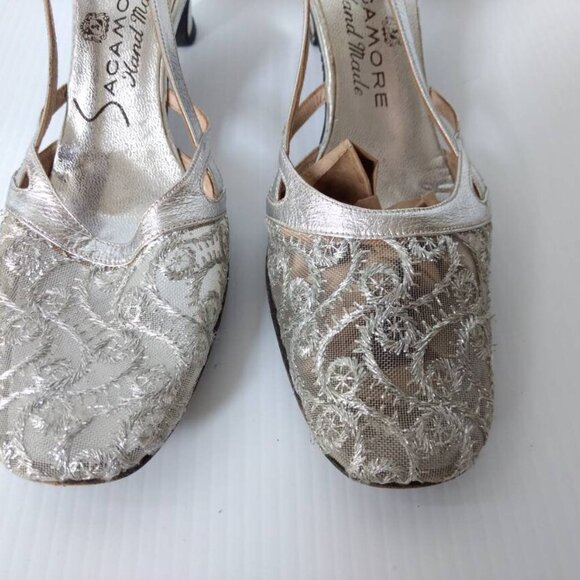 VINTAGE 60s SILVER SHOES Size 8 Narrow Sagamore Handmade Formal Cocktail Party - Picture 3 of 11